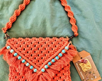 macramé, portefeuille, petit sac à main, perles, orange, bleu, unique, personnalisé, pièce maîtresse, tendance