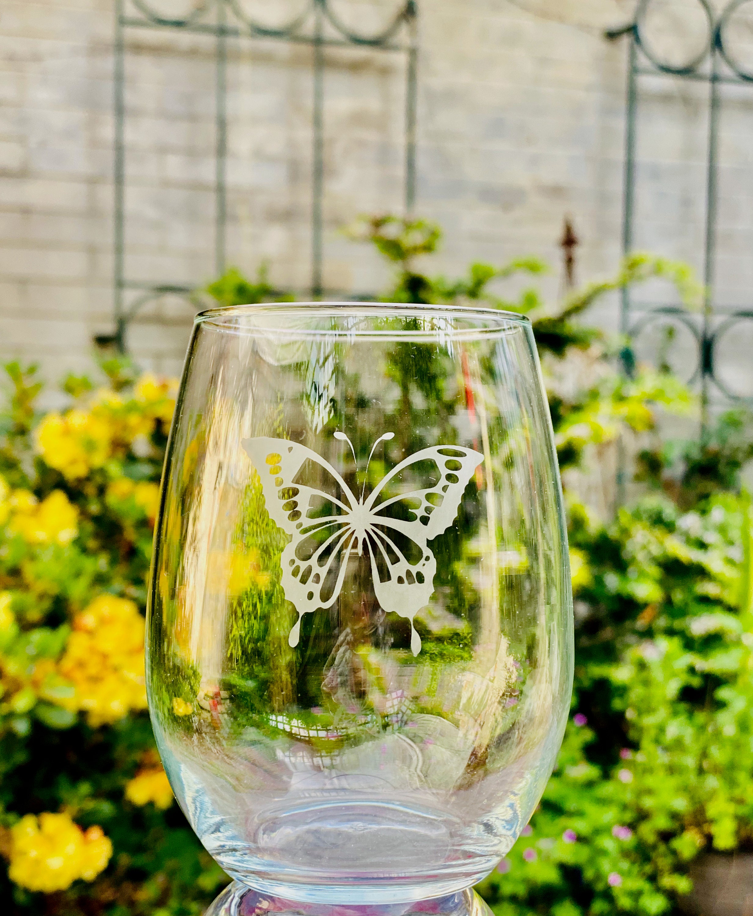 Etched Butterfly Wine Glass Tumbler Stemless Wine Glasses Etsy