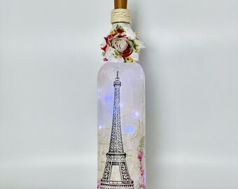 Eiffel Tower Bottle Decor - Paris Bottle Lantern - Light Up Decoupage Bottle - Floral Artistic Centerpiece - European Shelf Decor