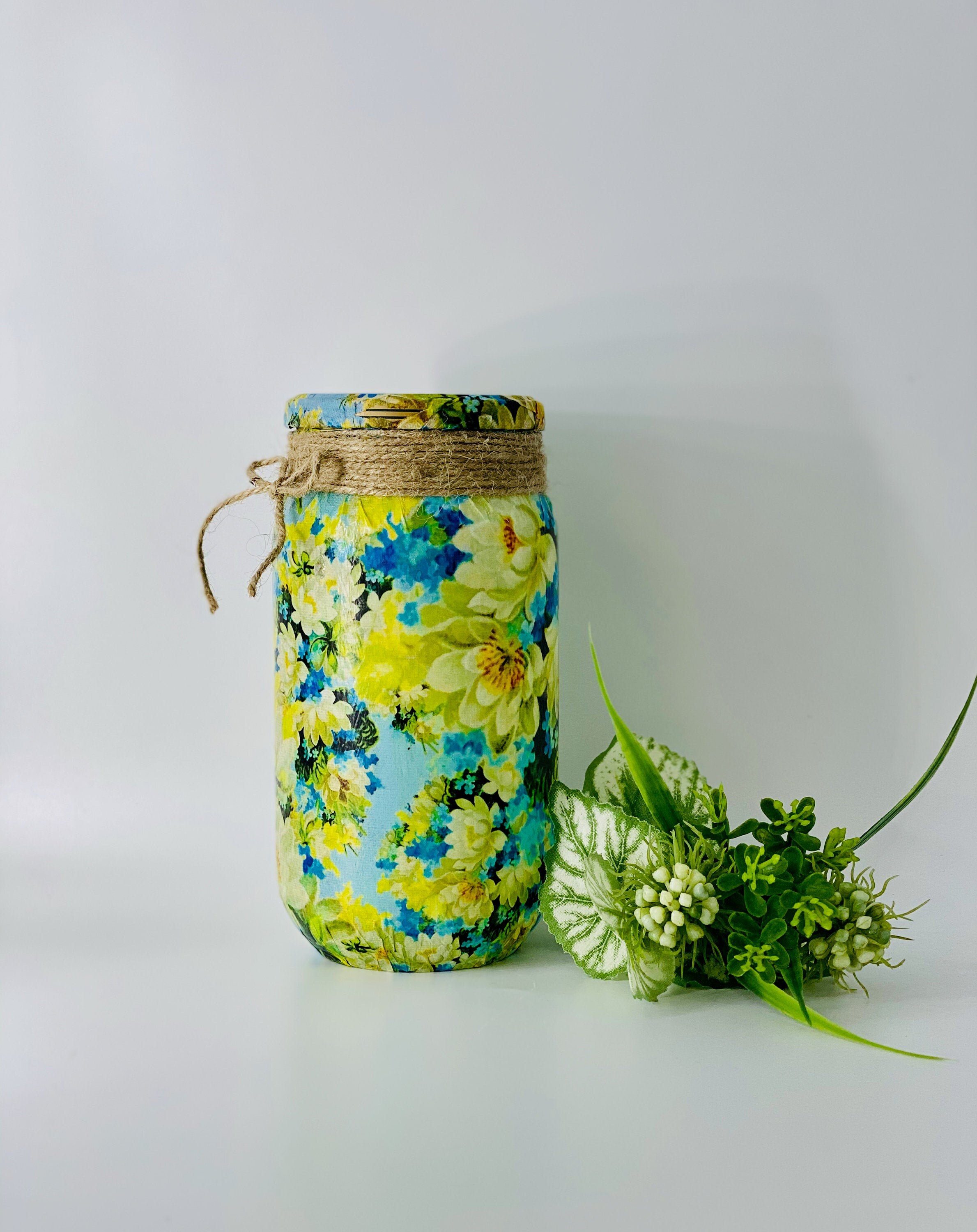 Floral Decoupage Jar Hand Painted Floral Jar Vase Kitchen Etsy