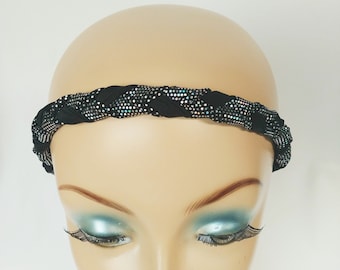 Black braided headband, thin headband, black with silver sequins headband, headwear, 1/2 inch thick, 18-19 circumference, headband for women