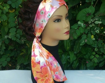 Long hair scarf headband for women, Floral Pre tied Ribbon Scarf, Turban, Headwrap, Orange Velvet
