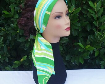 Long hair scarf headband for women, Floral Pre tied Ribbon Scarf, Turban, Headwrap Green Abstract