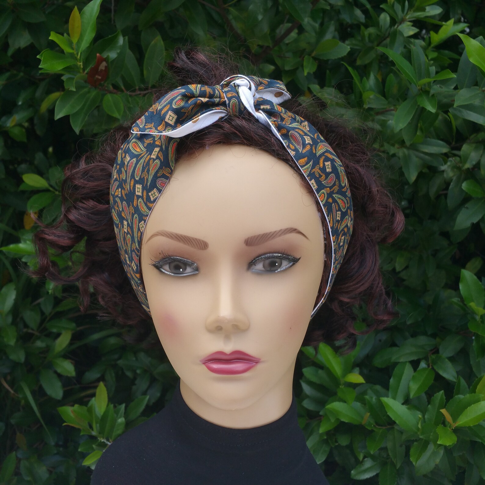 Pin up Headband Tie Knot Headband Dark Blue Paisley Top Etsy