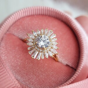 Art deco vintage engagement ring, Halo baguette and marquise natural diamond with center round cut moissanite, 14K gold anniversary gift