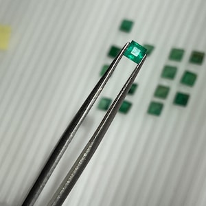 Può includere: Uno smeraldo verde vivo, tagliato a quadrato, è tenuto da una pinzetta d'argento. Diversi altri smeraldi di forma e colore simili sono sparsi sullo sfondo. Le pietre preziose sono esposte su una superficie bianca strutturata.