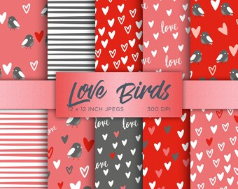 Love Birds Digital Paper Valentines Hearts Romantic Digital Paper Red Grey Colors Digital Paper Patterns - INSTANT DOWNLOAD
