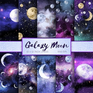 Galaxy Moon Digitaal Papier Hemelse Sterren Digitaal Papier Metallic Digitaal Papier Aquarel Paarse Luchtpatronen - INSTANT DOWNLOAD