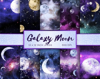 Galaxy Moon Digital Paper Celestial Stars Digital Paper Metallic Digital Paper Watercolor Purple Sky Patterns - INSTANT DOWNLOAD