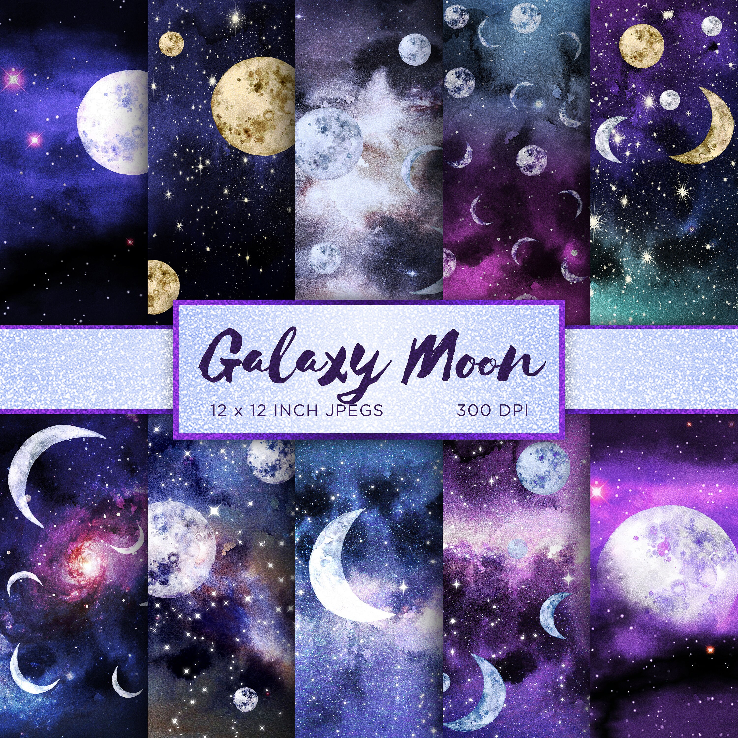Galaxy Moon Digital Paper Celestial Stars Digital Paper Metallic ...