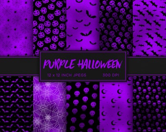 May include: A set of 12 digital paper patterns in purple and black featuring Halloween themes like bats, skulls, pumpkins, and spiderwebs. The text "PURPLE HALLOWEEN" is displayed in a black banner across the top of the image. The text "12 x 12 INCH JPEGS" and "300 DPI" are displayed below the banner.