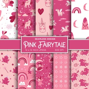 Rosa favola senza soluzione di continuità carta digitale ragazze compleanno digitale arcobaleno unicorno rane colori bianchi modelli di Scrapbooking - DOWNLOAD immediato