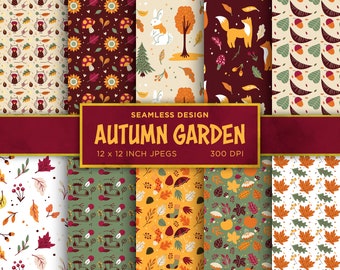 May include: Set of 8 digital seamless patterns featuring autumn garden themes. The patterns include illustrations of mushrooms, leaves, acorns, pumpkins, boots, umbrellas, foxes, bunnies, and owls. The patterns are in various colors, including red, orange, yellow, green, brown, and white. The patterns are 12 inches by 12 inches and 300 DPI.