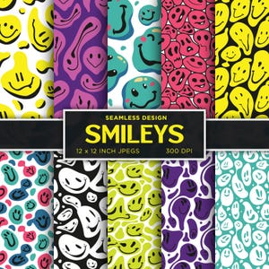 Puede incluir: Conjunto de 10 patrones de papel digital con caras sonrientes abstractas y coloridas. Cada patrón mide 30,48 cm por 30,48 cm y 300 DPI.