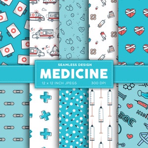 Medizinisches Nahtloses digitales Papier Arzt Krankenschwester Medizin Krankenhaus Virus Blau Rot Weiß Sanitäter Farben Digitale Papiermuster - SOFORTIGER DOWNLOAD