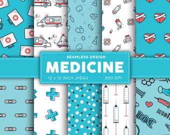 Medical Seamless Digital Paper Doctor Nurse Medicine Hospital Virus Blue Red White Medic Colors Digital Paper Patterns - INSTANT DOWNLOAD