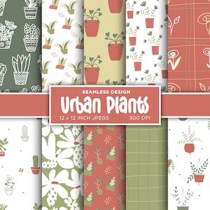 Urban Plants Nahtlose digitale Papierkaktus-Scrapbooking-Grün-Orange-Blätter Braune Frühlingsfarben Digitale Papiermuster - SOFORTIGER DOWNLOAD