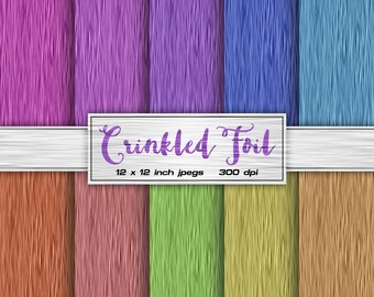 May include: A set of 10 digital paper textures in various colors, including purple, blue, green, and orange. The textures are designed to look like crinkled foil. The text "Crinkled Foil" is written in purple on a white background. The text "12 x 12 inch jpegs 300 dpi" is written below the title.