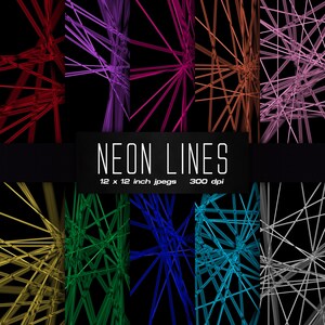 May include: A set of 12 digital paper patterns featuring neon coloured lines in a geometric design. The patterns are 12 inches by 12 inches and 300 dpi.
