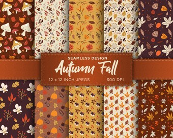 Könnte beinhalten: Ein Satz von acht digitalen nahtlosen Mustern im Format 12x12 Zoll mit Herbstblättern, Kürbissen, Eicheln und anderen herbstlichen Elementen. Die Muster sind in verschiedenen Farben gehalten, darunter Braun, Orange, Gelb und Rot. Der Text "Seamless Design Autumn Fall 12 x 12 Inch JPGs 300 DPI" ist oben im Bild zu sehen.