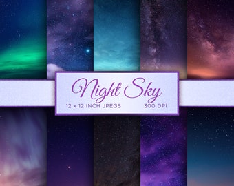 May include: A digital collage of 12 different night sky images. Each image features a dark blue background with stars and clouds. The images are arranged in a grid pattern. The text "Night Sky" is written in a white cursive font across the top of the collage. The text "12 x 12 inch JPGs" is written in white below the title. The text "300 DPI" is written in white below the size information.