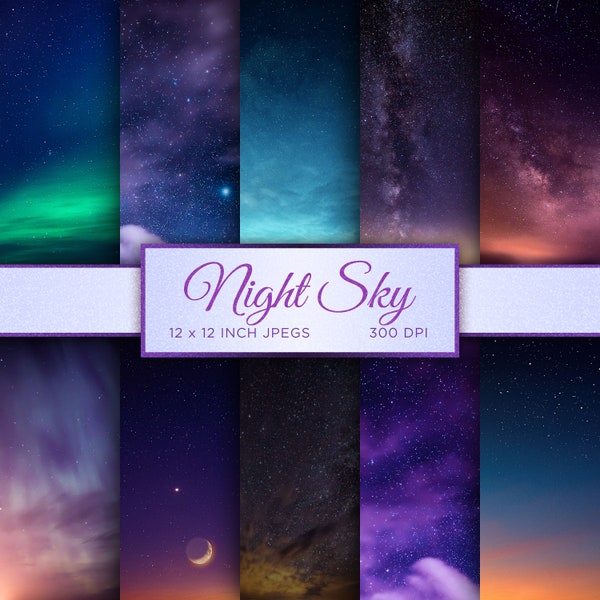 Night Sky Digital Paper Celestial Digital Paper Starry Metallic Digital Paper Gold Stars Sky Patterns - INSTANT DOWNLOAD