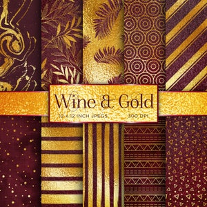 May include: Set of 8 digital paper patterns in burgundy and gold with various geometric and floral designs.  The patterns are 12x12 inches and 300 DPI.  Wine & Gold.