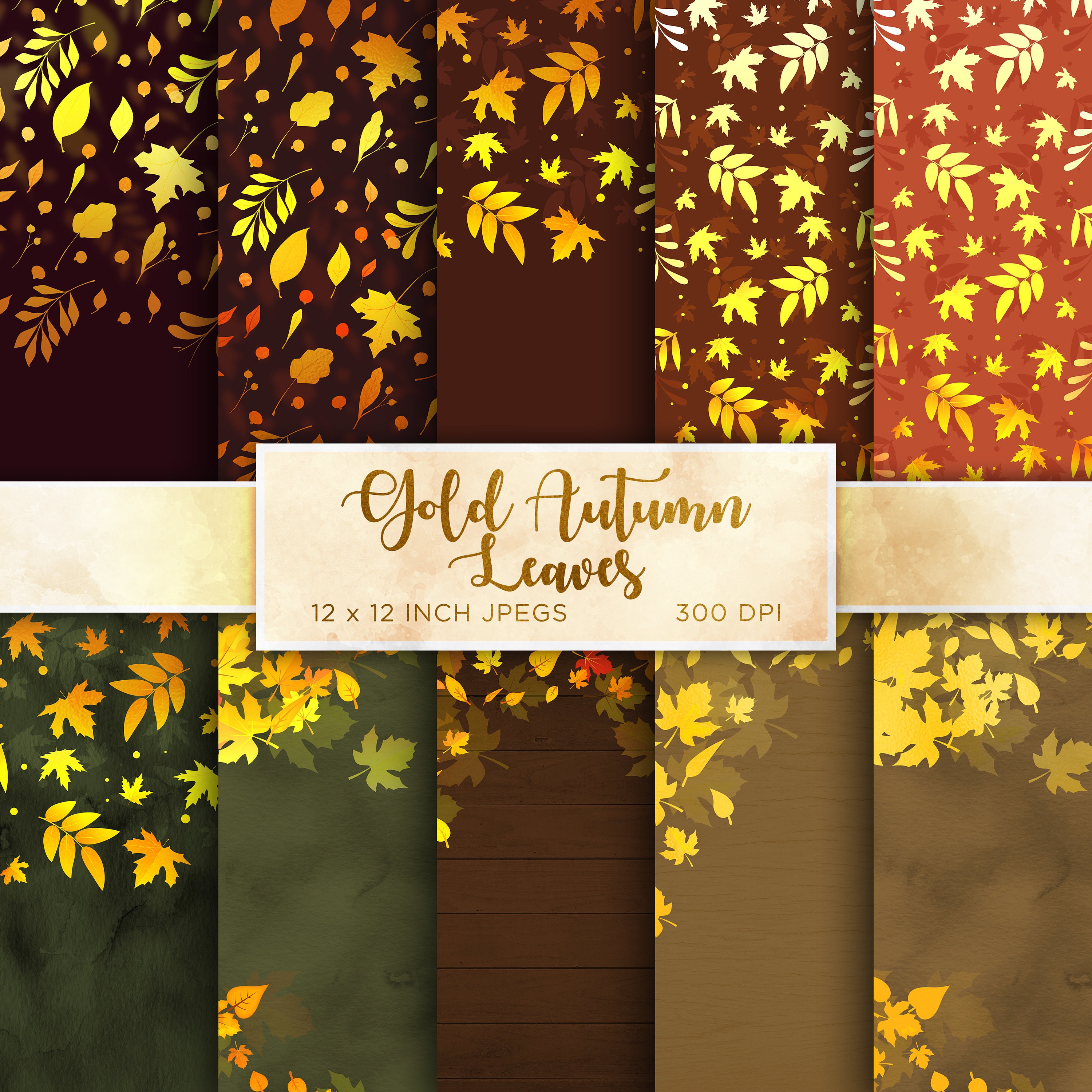 Gold Autumn Leaves Digital Paper Fall Digital Paper Harvest Colors ...