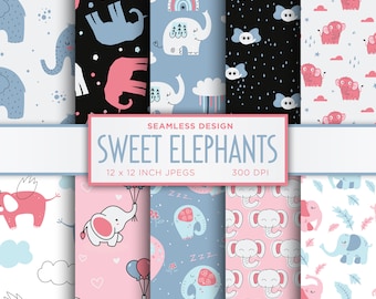 Sweet Elephants Seamless Digital Paper Baby Boy Girl Shower Newborn Pink Blue White Colors Digital Paper Patterns - INSTANT DOWNLOAD