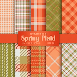 May include: Set of 10 digital seamless plaid patterns in orange, green, and white.  Spring Plaid 12 x 12 inch JPGs 300 DPI.