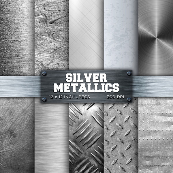 Silver Metallics Digital Paper Brushed Metal Brass Digital Paper Metallic Textures Backgrounds Patterns - INSTANT DOWNLOAD