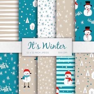 Winter Digital Paper Snow Snowflake Digital Paper Snowman Blue Teal Natural Colors Digital Paper Patterns - INSTANT DOWNLOAD