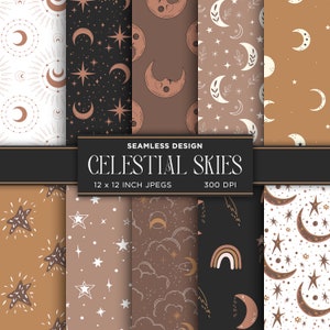 Hemelse luchten naadloze digitale papier hemelse scrapbooking maan sterren mystieke zwart bruin Tan Sky mystieke patronen - INSTANT DOWNLOAD