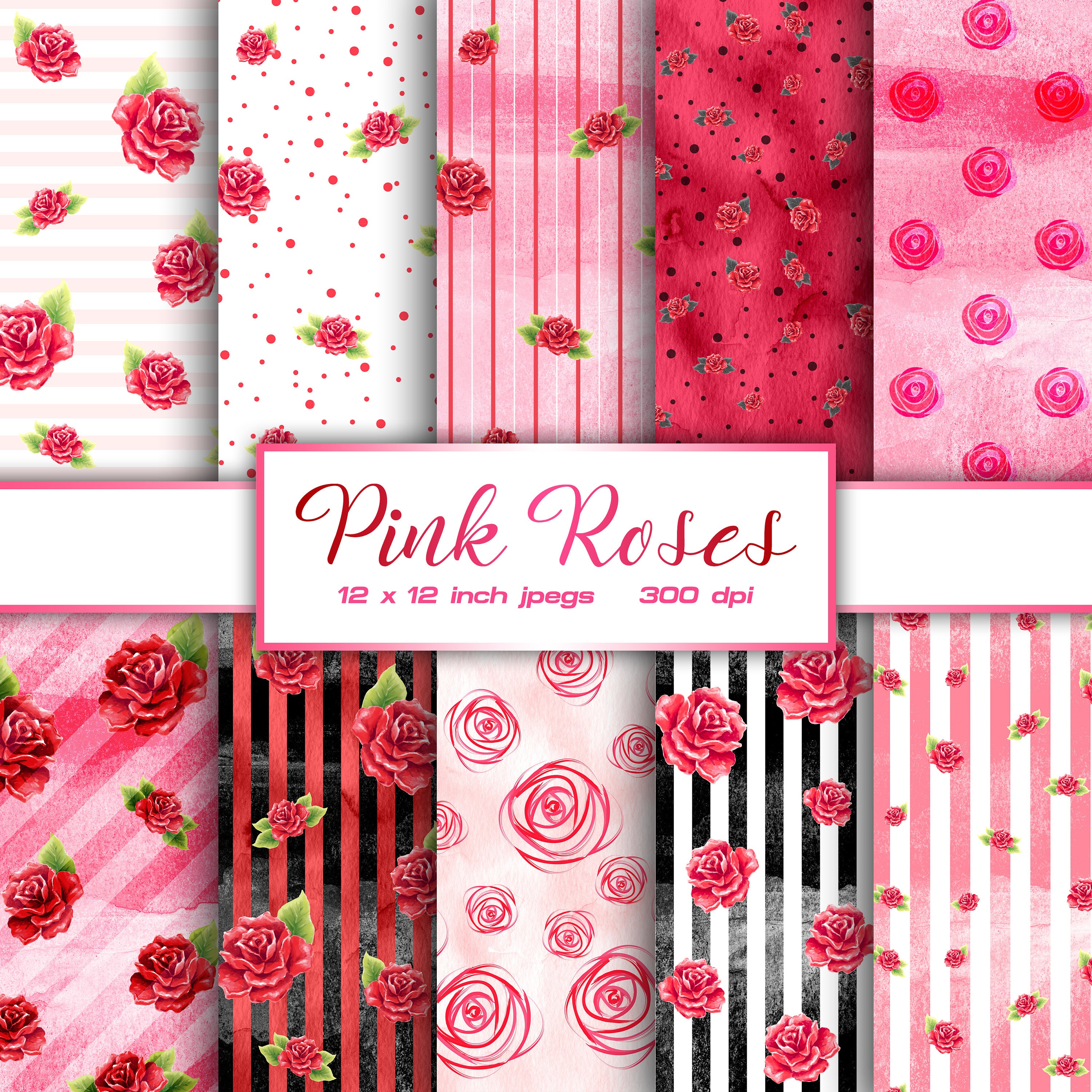 Pink 2d Roses Paper Pink Roses Digital Paper Stripes Digital Paper Floral Valentines ...