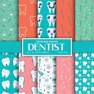 Dentista Sem Costura Dentes De Papel Digital Oral Fio Dental Escova Azul Rosa Verde Branco Cores Padrões de Papel Digital - DOWNLOAD INSTANTÂNEO
