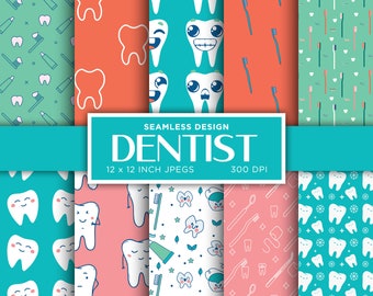 Dentist Seamless Digital Paper Teeth Oral Tooth Floss Dental Brush Blue Pink Green White Colors Digital Paper Patterns - INSTANT DOWNLOAD