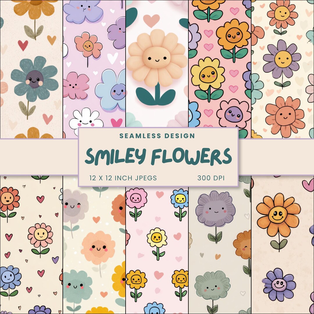 Smiley Flowers Seamless Digital Paper, Cute Repeat Patterns, Pink ...