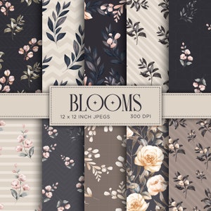 Blooms Digital Paper Floral Digital Spring Flowers Leaves Yellow Taupe Grey Beige Colors Scrapbooking Patterns - INSTANT DOWNLOAD