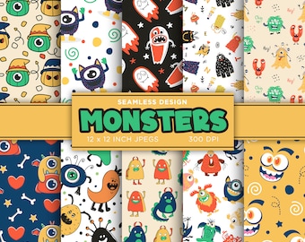 Monsters Seamless Digital Paper Cute Monster Party Theme Alien Scary Blue Green Yellow Colors Scrapbooking Patterns - INSTANT DOWNLOAD