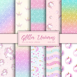 Glitter Einhörner Digitales Papier Glanz Digitales Papier Regenbogen Ombre Texturen Muster - Perfekt für Einladungen Scrapbooking und mehr