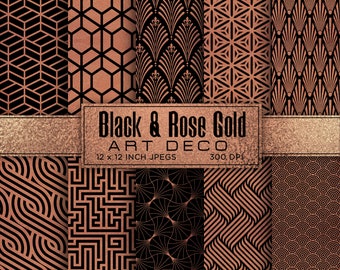 Black Rose Gold Digital Paper Geometric Digital Paper Metallic Digital Paper Art Deco Patterns - INSTANT DOWNLOAD