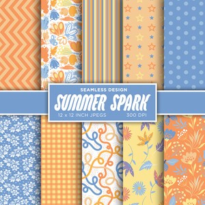 Summer Spark Seamless Digital Paper Floral Digital Spring Flowers Leaves Yellow Blue Orange Colors Scrapbooking Patterns - INSTANT DOWNLOAD