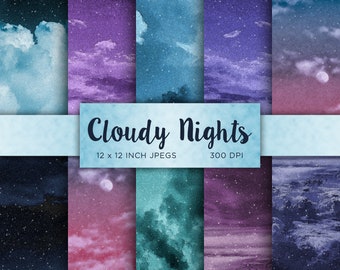 Cloudy Nights Digital Paper Celestial Fantasy Digital Paper Night Digital Paper Sky Clouds Blue Patterns - INSTANT DOWNLOAD