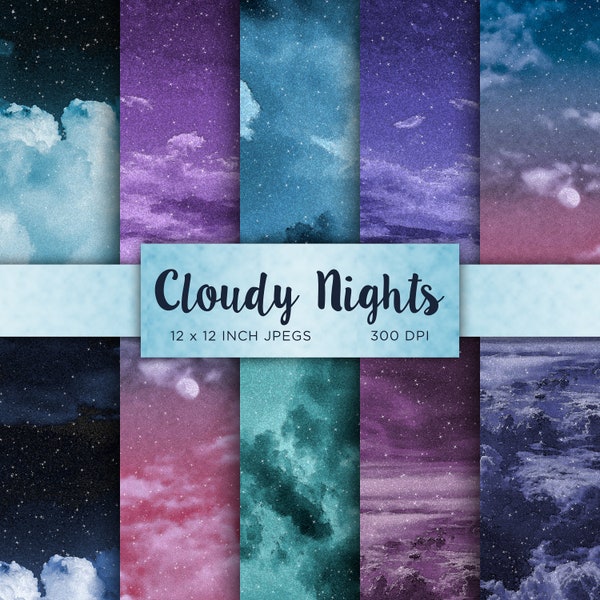 Cloudy Nights Digital Paper Celestial Fantasy Digital Paper Night Digital Paper Sky Clouds Blue Patterns - INSTANT DOWNLOAD