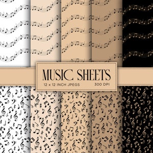 Könnte beinhalten: Satz von 6 digitalen Papiermustern mit schwarzen Noten auf weißem, beigefarbenem und schwarzem Hintergrund. Die Muster sind 30,5 x 30,5 cm groß und haben 300 DPI. Der Text "MUSIC SHEETS" wird auf einem braunen Banner angezeigt.