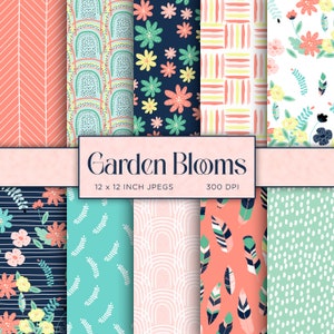Tuin bloemen digitaal papier bloemen digitaal lente bloemen bladeren zomer prints bloemen roze perzik kleuren scrapbooking - INSTANT DOWNLOAD