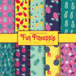 Puede incluir: Conjunto de 8 patrones digitales sin costuras con diseños de piña coloridos. Cada patrón mide 30,5 cm por 30,5 cm y 300 DPI. Los patrones incluyen varios colores y estilos, como rosa, amarillo, azul, verde y rojo.