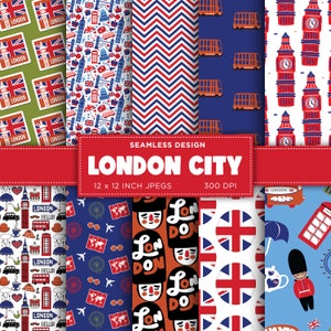 London City Seamless Digital Paper Guard London Eye Red Bus United Kingdom Big Ben Blue White Scrapbooking Patterns - INSTANT DOWNLOAD