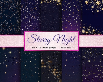 Starry Night Digital Paper Celestial Digital Paper Metallic Digital Paper Gold Stars Sky Patterns - INSTANT DOWNLOAD