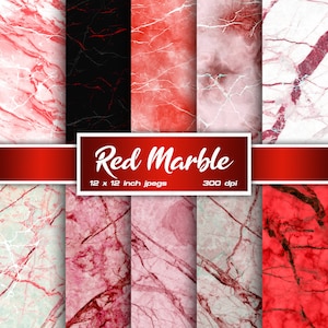 May include: Set of 8 digital red marble seamless patterns. Each pattern is 12 x 12 inches and 300 dpi. The patterns feature various shades of red and white with a marble texture.